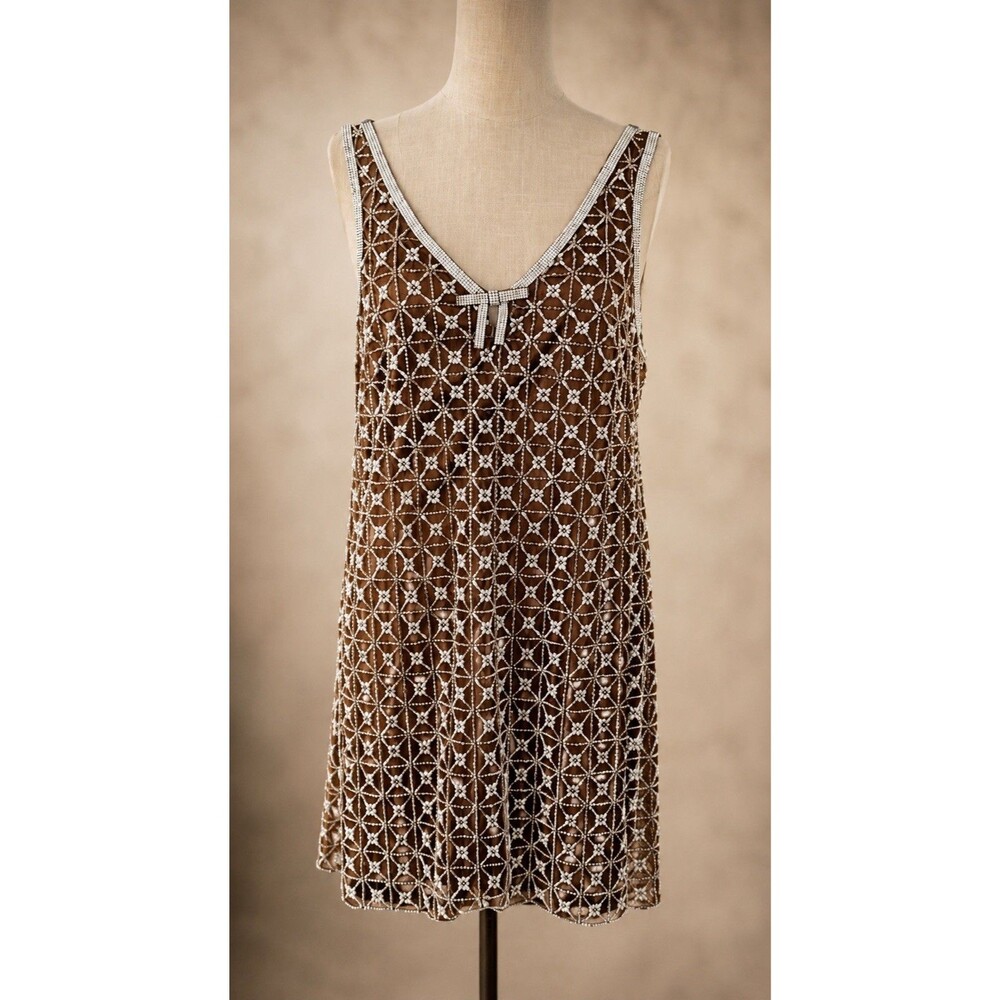 SAYLOR Jeanetta Beaded Sequin Mini Dress Chocolate Rhinestone Bow M NWT